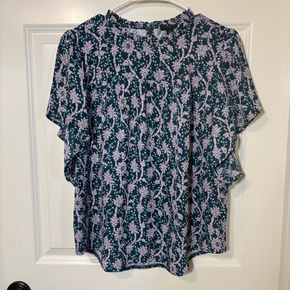 Ann Taylor Floral Mixed Media Ruffle Neck Top Size MP
